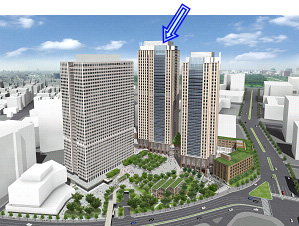 金融庁新庁舎(中央の建物(矢印)２階から18階に入居) 