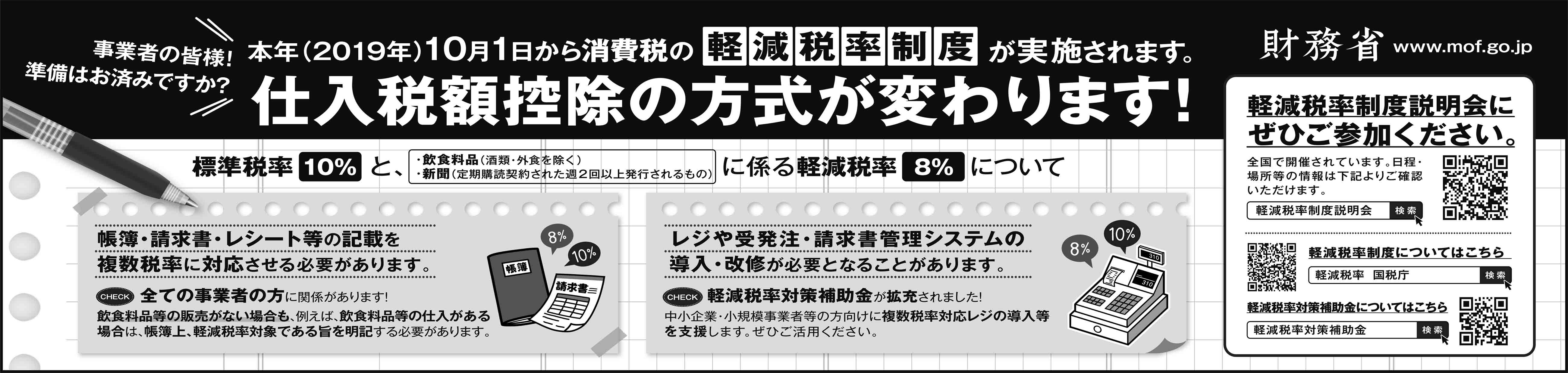 2019年10月1日から、消費税の軽減税率制度が実施されます。仕入税額控除の方式が変わります。帳簿・請求書・レシート等の記載を複数税率に対応させる必要があります。レジや受発注・請求書管理システムの導入・改修が必要となることがあります。