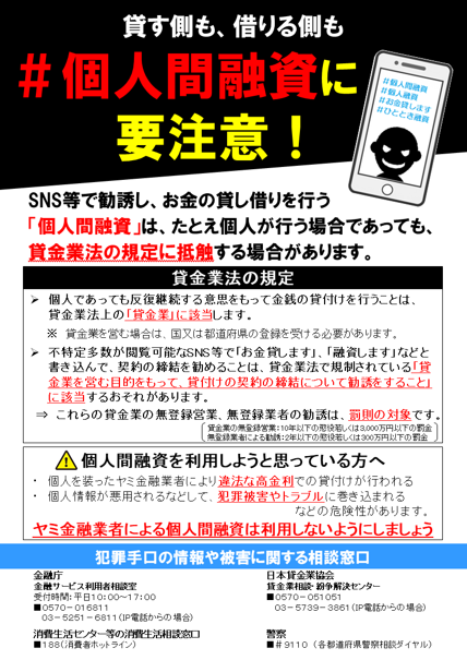 個人間融資注意喚起ポスター