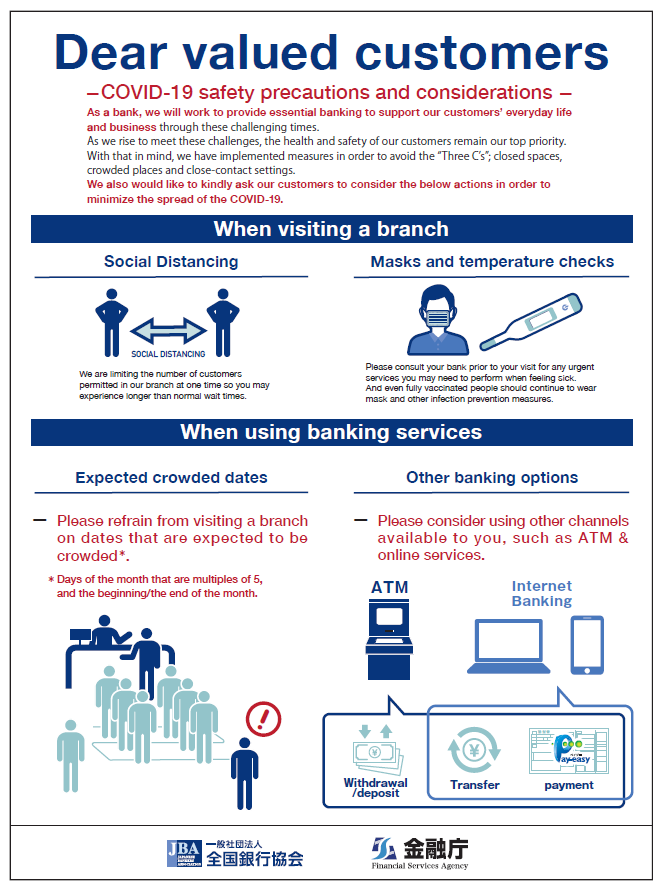 銀行をご利用のお客様へ－新型コロナウイルスの感染を防ぐためのお願い－英語版（PDF）