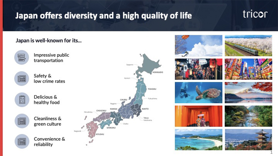 トライコーのスライド1のスクリーンショット： Japan offers diversity and a high quality of life：日本の特徴として、impressive public transportation、safety and low crime rates、Delicious and healthy food、Cleanliness and green culture、Convenience and reliabilityがあげられる。日本地図を地域別に分け、主要都市名を記載した画像と、日本各地の写真が載せられている。