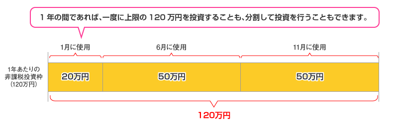 非課税投資枠が1年毎に設定され、毎年120万円まで投資できます。